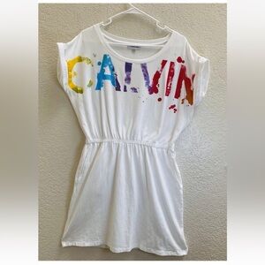 Calvin Klein T-Shirt Dress Rainbow Paint Logo Pockets Cinched Size L - 90’s Vibe